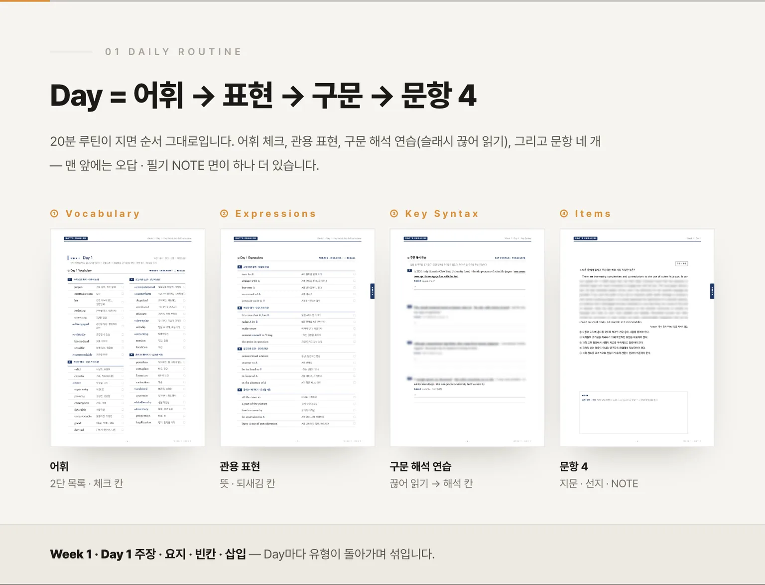 Day 1 — 어휘 → 표현 → 구문 → 문항