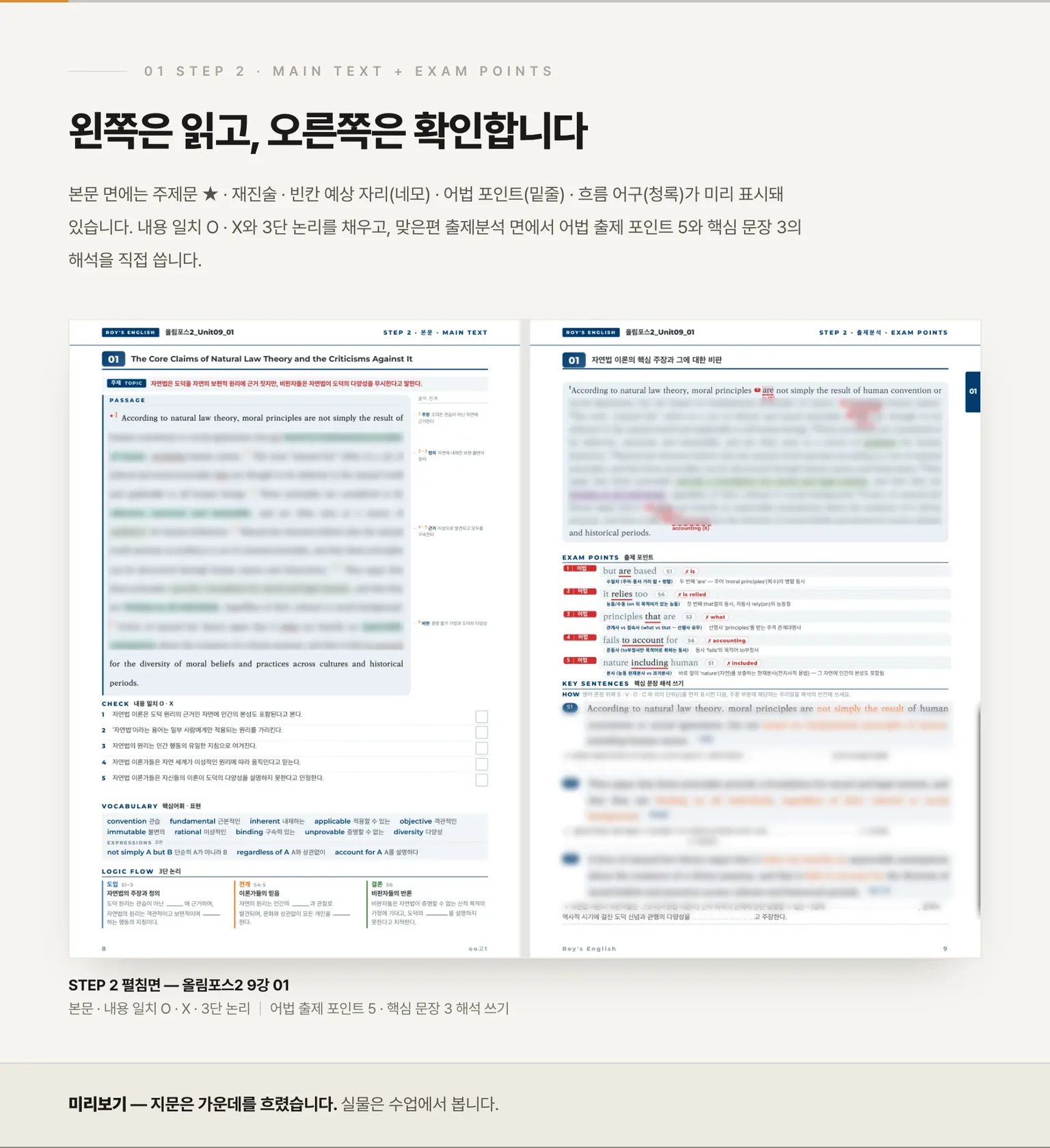 STEP 2 펼침면 — 본문 · 출제분석, 지문은 가운데를 흐렸습니다