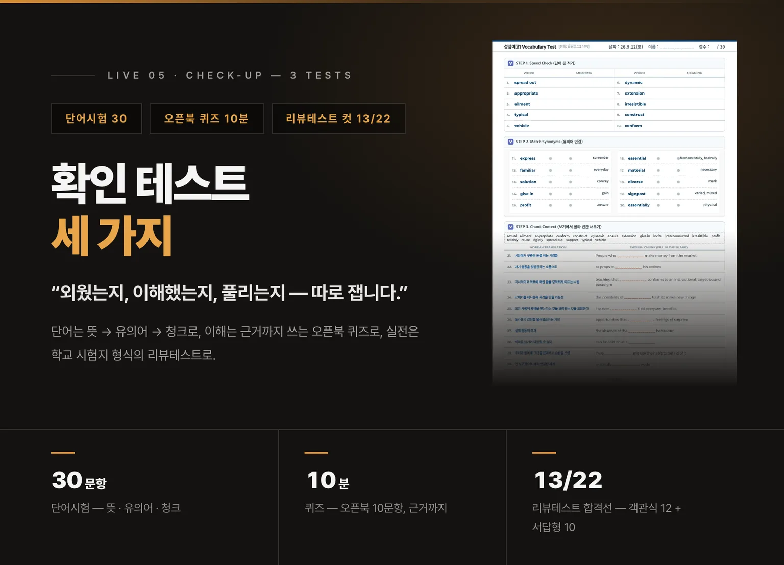 확인 테스트 세 가지 — 단어시험 30 · 오픈북 퀴즈 10분 · 리뷰테스트 합격선 13/22