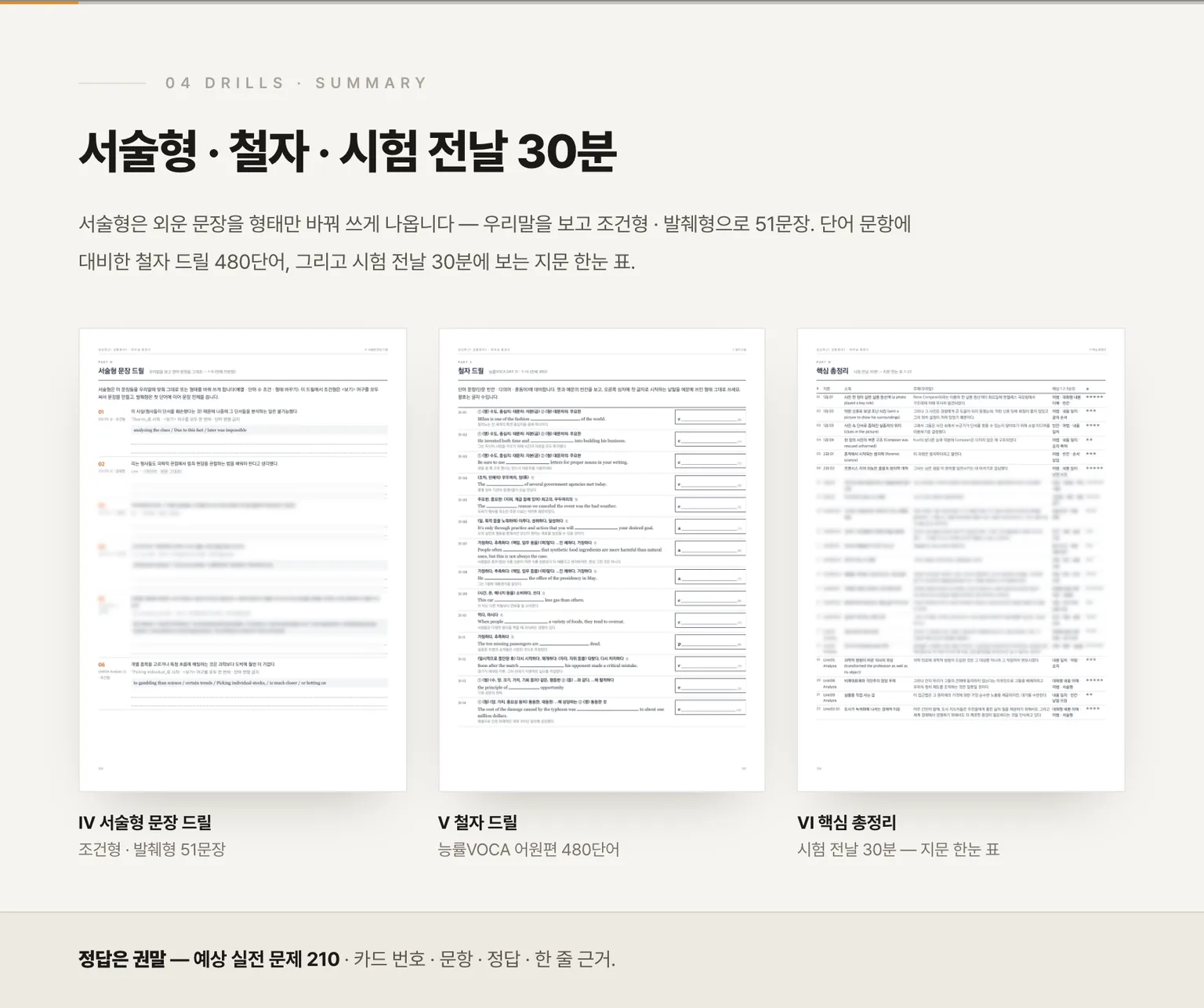 서술형 문장 드릴 · 철자 드릴 · 핵심 총정리