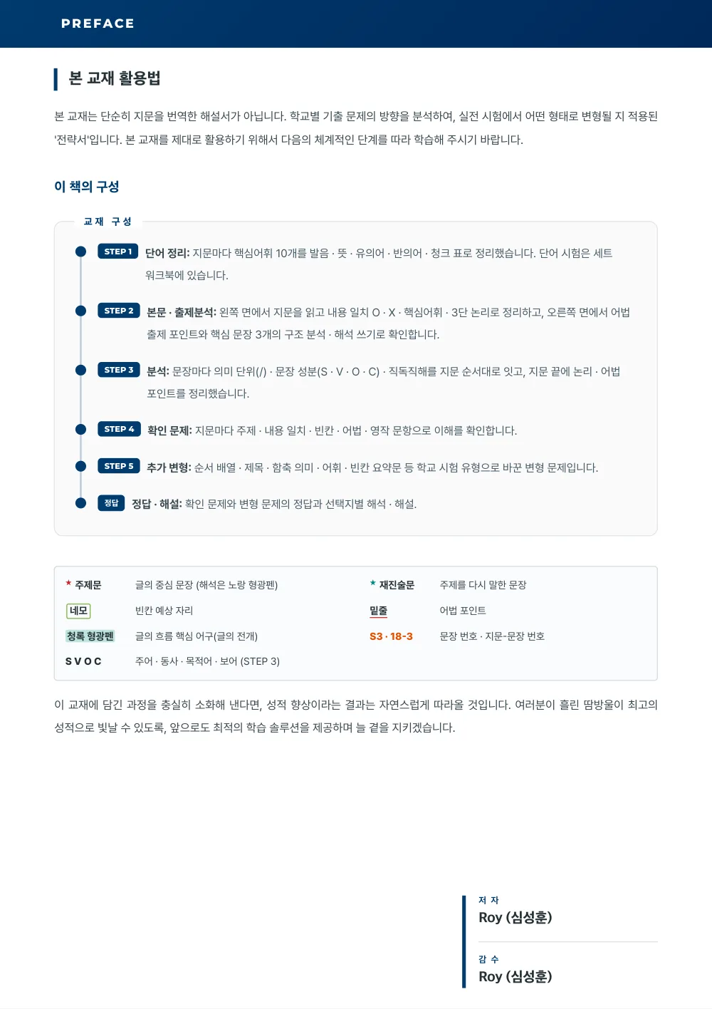 내신 기본서 PREFACE — 교재 활용법, STEP 1–5 구성, 주제문 · 재진술 · 빈칸 예상 자리 · 어법 포인트 표시 범례