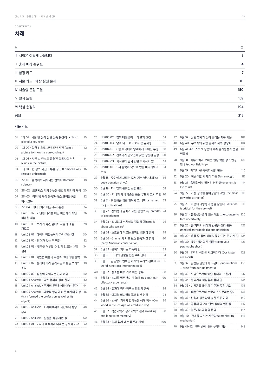 파이널 총정리 차례 — 6부 구성과 지문 카드 70개 목록