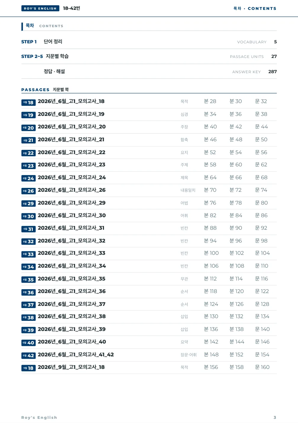 내신 기본서 모의고사 편 목차 — 26년 고1 6월 학평 18–42번 지문별 본문 · 분석 · 문제 쪽